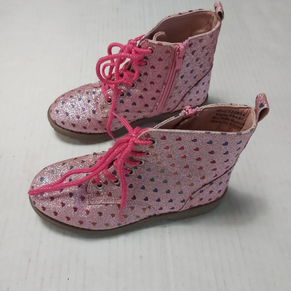 Girls Pink Glitter Combat Boots Size 13
